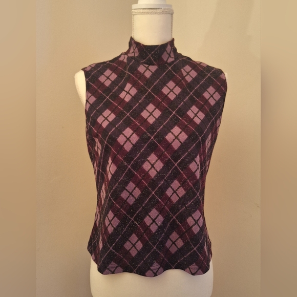 Worthington Tops - 80s Mock Neck Sleeveless Tank Argyle Pattern Metallic Shimmer Petite or Crop VTG